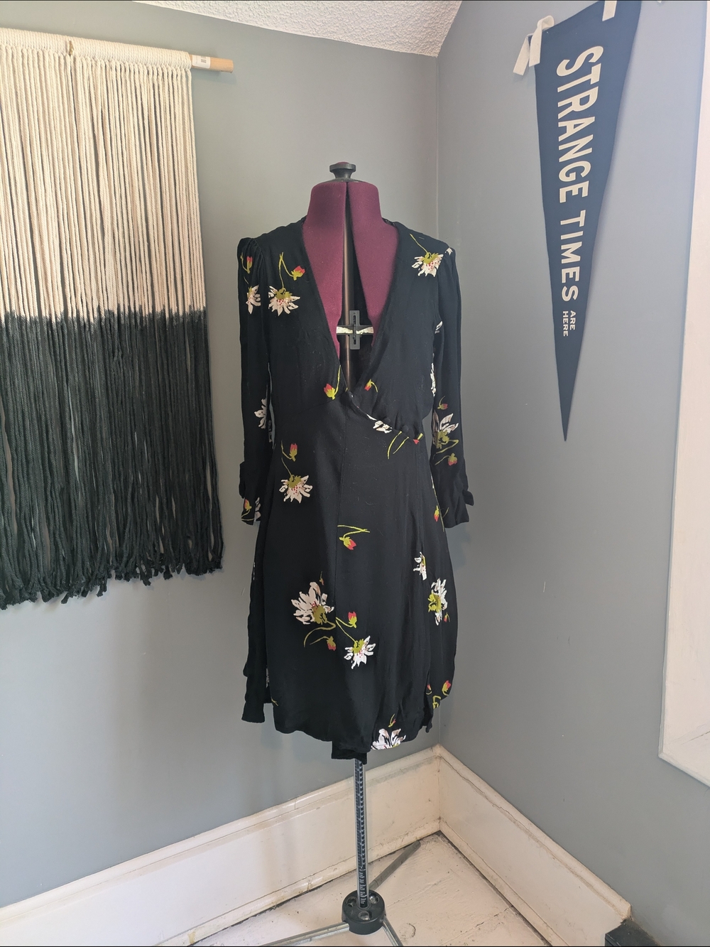 Free People Black Floral Wrap Dress with White & Green Accents